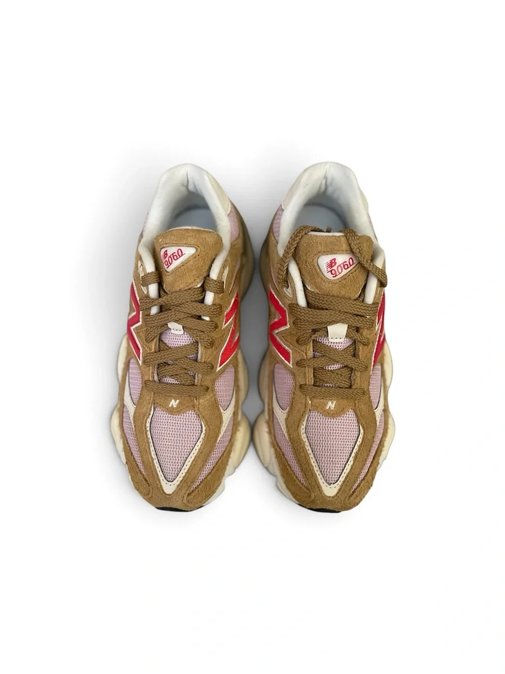 New Balance 9060 Women's Tan & Pink Retro Runner with Red Logo